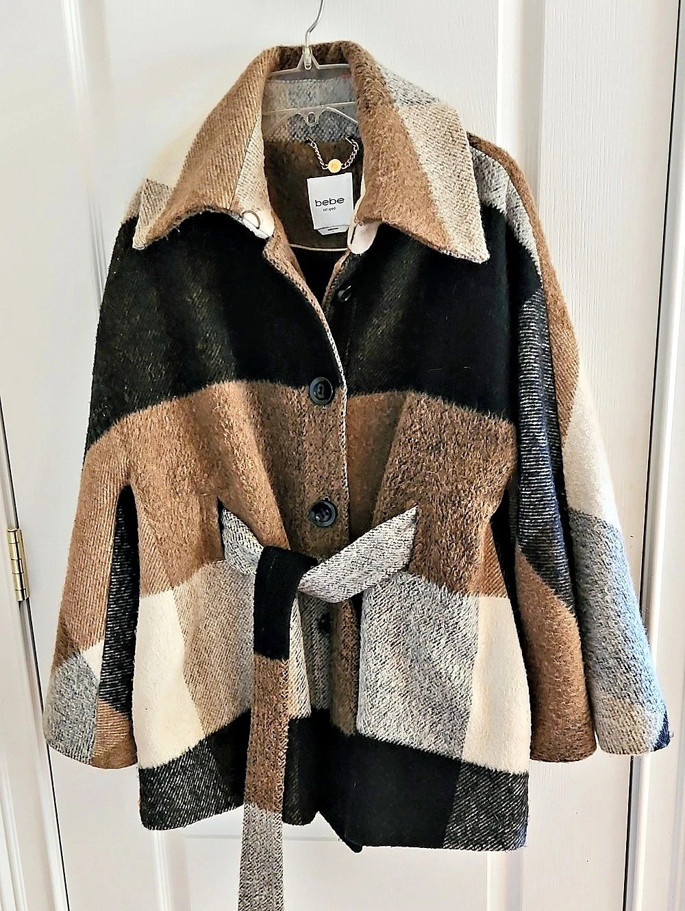 bebe Color Block Belted Jacket in Black & Brown